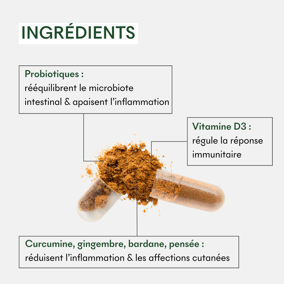 Le Complément SOS Plaques Sèches de mikemymask.comntient des probiotiques, de la vitamine D3, du curcuma, du gingembre, de la bardane et de la pensée pour lutter contre le psoriasis et les plaques sèches